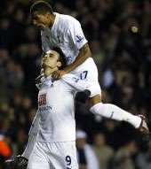 Dimitar Bebatov celebrates one of his four goals in the 6-4 win over Reading with Kevin Prince Boateng! One or both of these players may not be with Spurs for much longer