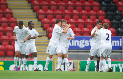 Spurs players celebrate their third goal, scored by Gomelt with less than a quarter of an hour on the clock. (Left to right:- Stewart, Coulibaly, Vejkovic, Gomelt, Luongo, Barthram