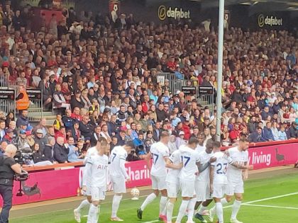 Spurs players celebrate their second goal, 26.08.23