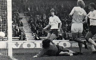 Cyril Knowles, Pat Jennings and Martin Peters fail to prevent a hairy Rodney Marsh scoring at Maine Road